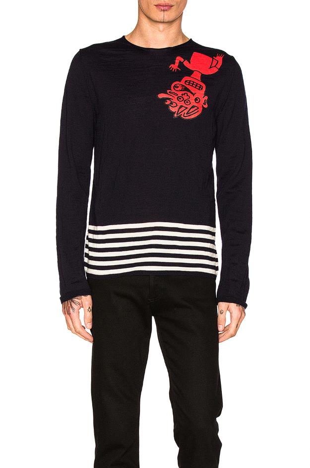 Comme Des Garcons Shirt Men's Fully Fashioned Knit Intarsia Sweater In Navy/Red